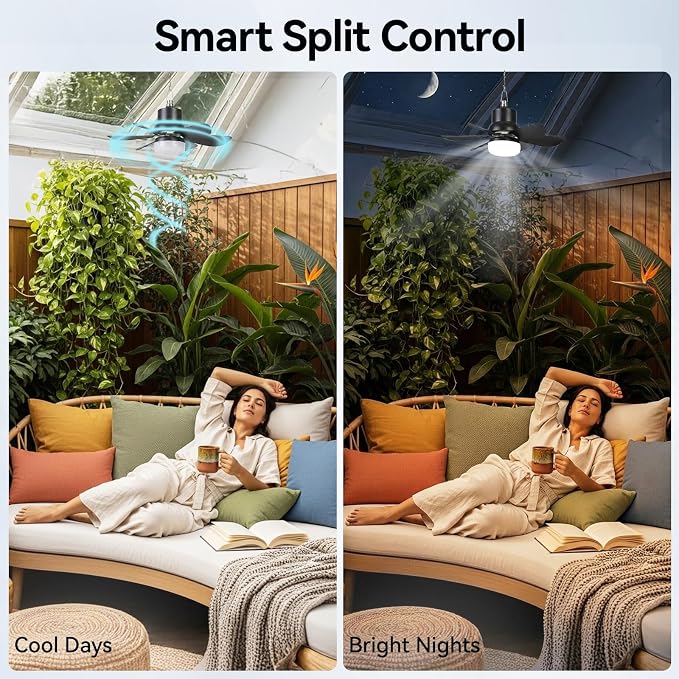 Portable Solar Ceiling Fan with Lights,18.5in Outdoor Fan with Foldable Solar Panel, Remote Control Stepless Dimmable, Timer, 3 Speeds 30dB, Tool-Free Setup for Camping Greenhouse Chicken Coop, Black