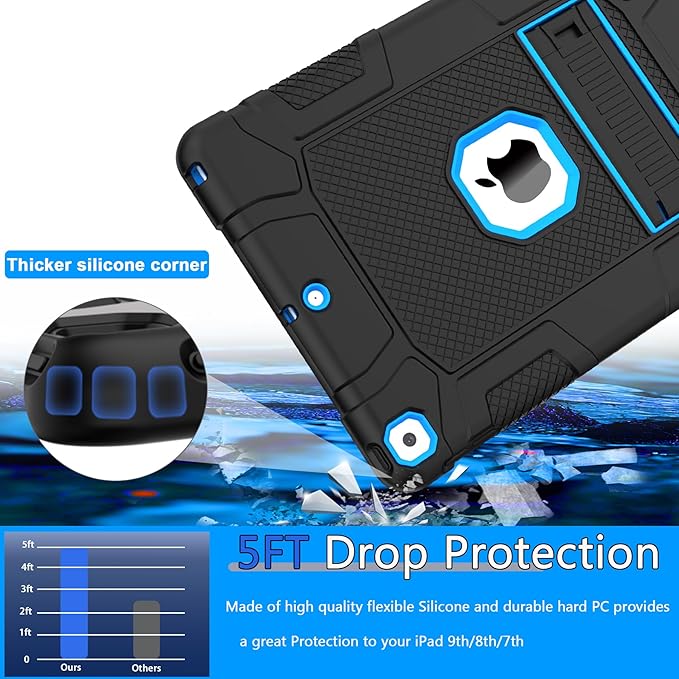 Rantice Military-Grade Tested Case for iPad 10.2" 9th/8th/7th Gen, Shockproof Protective Cover with Stand & Child-Safe Design (Black+Blue)