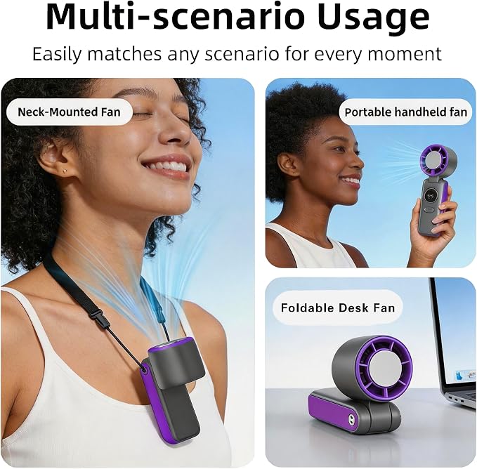 Portable Handheld Turbo Ice Fan,with Semiconductor Cooling-6000mAh Rechargeable 3-in-1 Mini Fans (Hand/Neck/Desk),199 High Speed/26550 RPM,LED Display Quiet Fan for Travel,Beach,Home,Outdoor (Purple)