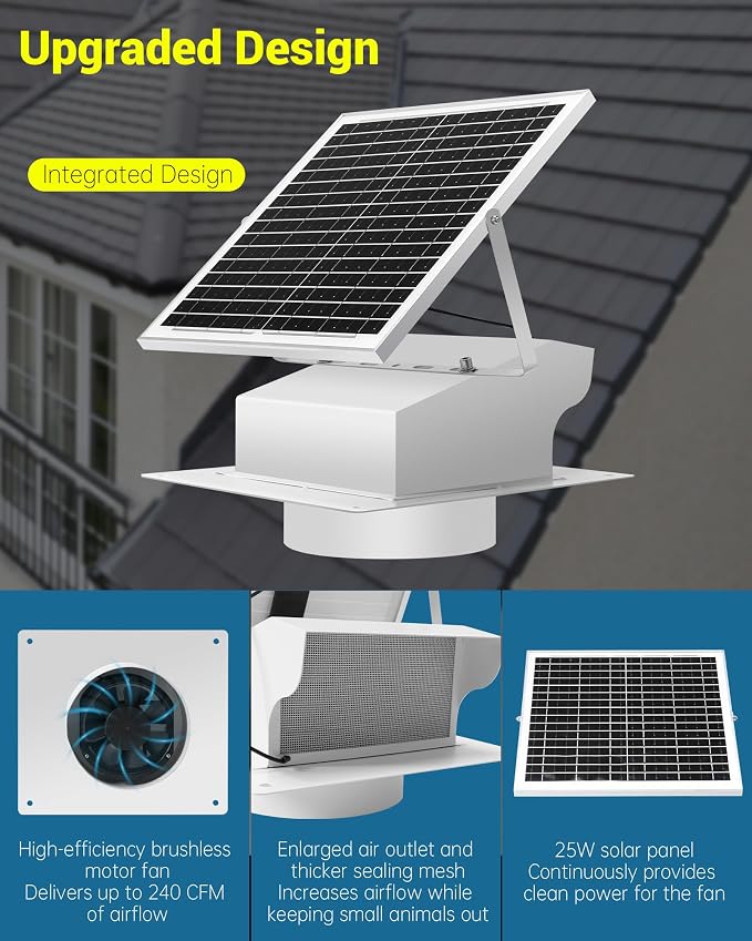 25W Solar Powered Roof Vent Fan with 8 Inch Removable Roof Vents, Ventilation and Cooling Solar Attic Exhaust Fan, Suitable for Lofts, Shops, Garages
