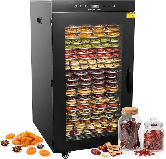 CLIVIA Commercial 24-Tray Food Dehydrator, 1600W Industrial Dehydrator 39.27 ft² Large Capacity, Stainless Steel Dryer with Wheels for Jerky, Meat, Fruit, Herbs, Dog Treats, 86-194°F & 24H Timer