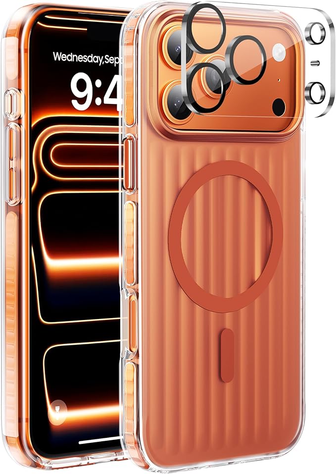 Strong Magnetic for iPhone 17 Pro Max case,1XLens Protector[10Ft Military-Grade Protection] Compatible with fit MagSafe Shockproof Slim Thin Cover case for iPhone 17 Pro Max 6.9 inch,Orange Metal