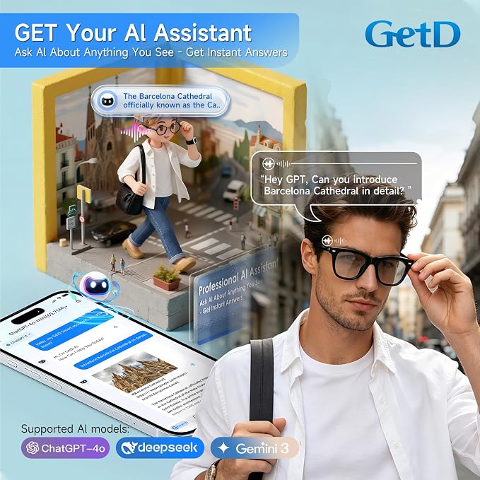 GetD 2026 AI Glasses for Men & Women, Smart Glasses Powered by ChatGPT, AI Real-time Translation with 145 Languages, 11H Music Play, Bluetooth Glasses with Photochromic Lens for Daily Use, Travel