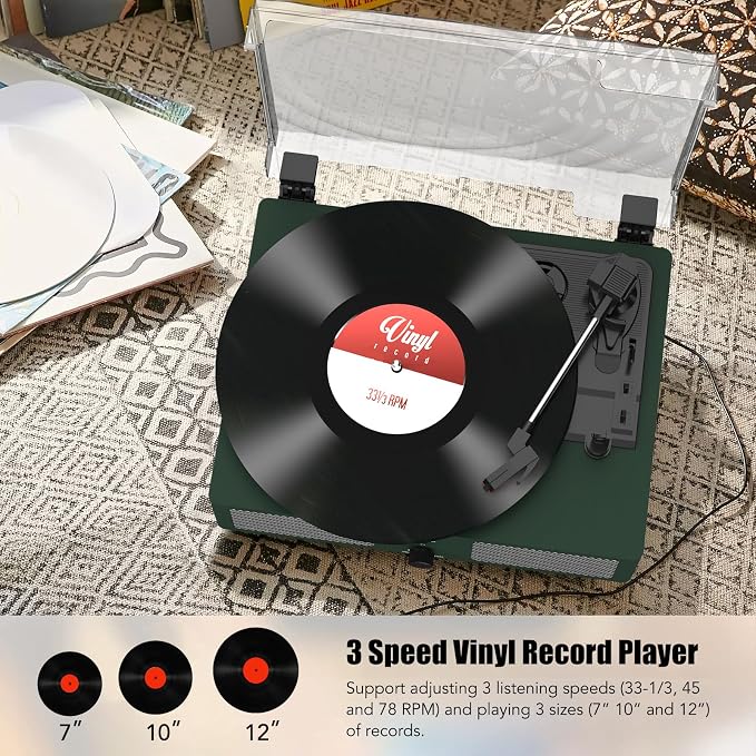 Vinyl Record Player with Built-in Speakers and USB,Belt-Driven Bluetooth Turntable with 3 Speed AUX Input Headphone Jack and RCA Output Vintage Wooden DarkGreen
