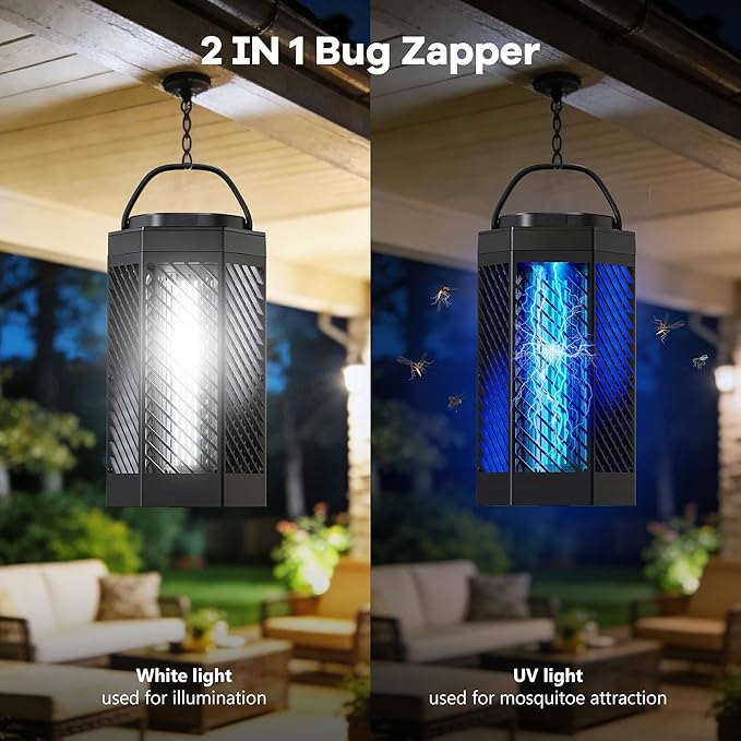 Rechargeable Bug Zapper Outdoor Indoor, 8000mAh Electric Mosquito Zapper with LED Night Light, 2 in 1 Portable & Cordless Bug Zapper Outdoor Waterproof, Wireless Hanging Fly Zapper for Camping Patio