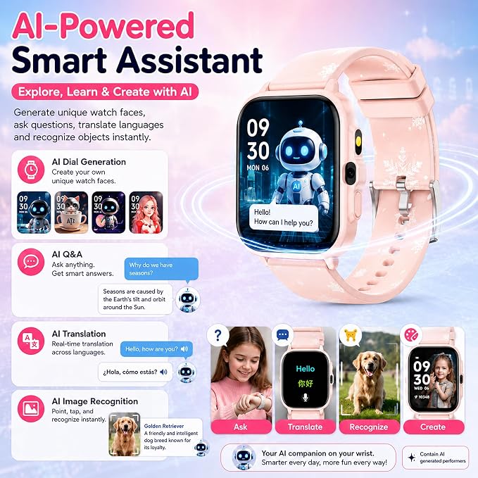 Smart Watch for Kids Boys Age 5-12, Ai Functions Games HD Touch Screen Watches with Video Camera Music Player Pedometer Heart Rate Sleep Tracker Christmas Birthday Gifts for Girls (Pink, 1.85")