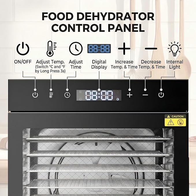 CLIVIA Commercial Food Dehydrator 16 Trays, 1600W Large Capacity 26.18 ft² Industrial Dehydrator with Wheels, Stainless Steel Dryer for Jerky, Meat, Fruit, Herbs, 86-194°F Temp Control & 24H Timer