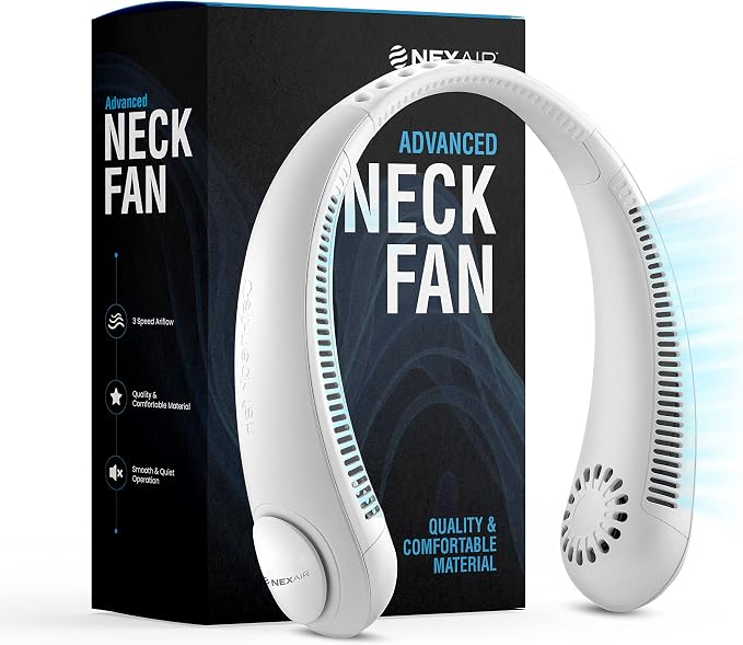 NEXAIR Portable Neck Fan Hands Free Cooling Lightweight Bladeless Neck Fan, 3 Speeds, 2400mAh Battery, 5H Runtime White | 3 Speeds, 2400mAh Battery, 5H Runtime, Lightweight Cooling