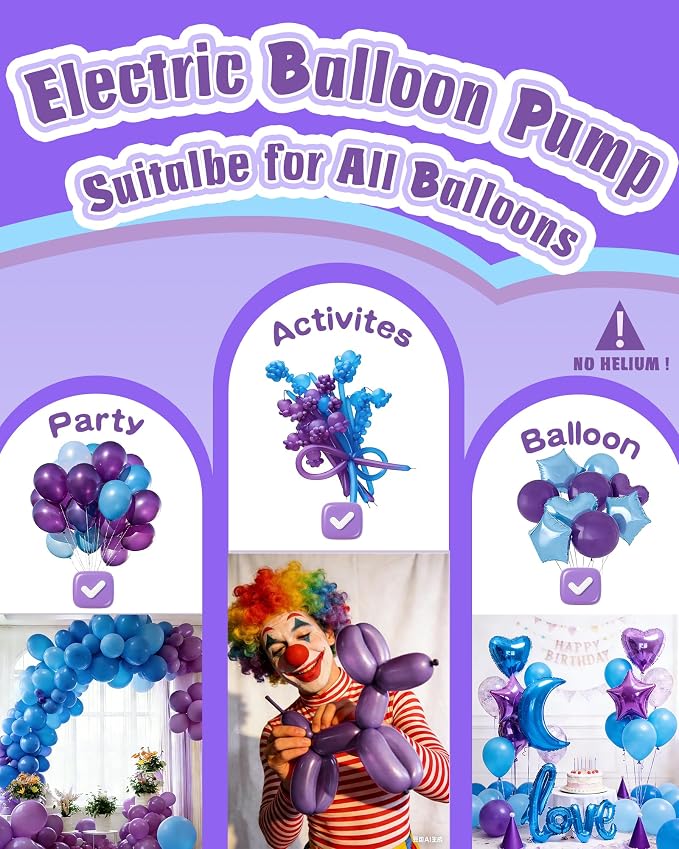 Portable Balloon Pump Electric, Rechargeable Cordless Balloon Pump Inflator for All Balloons, Latex 260q Foil Mylar Balloon Inflation, Quick-Fill Inflator& Deflator for Inflatables,Purple & Blue