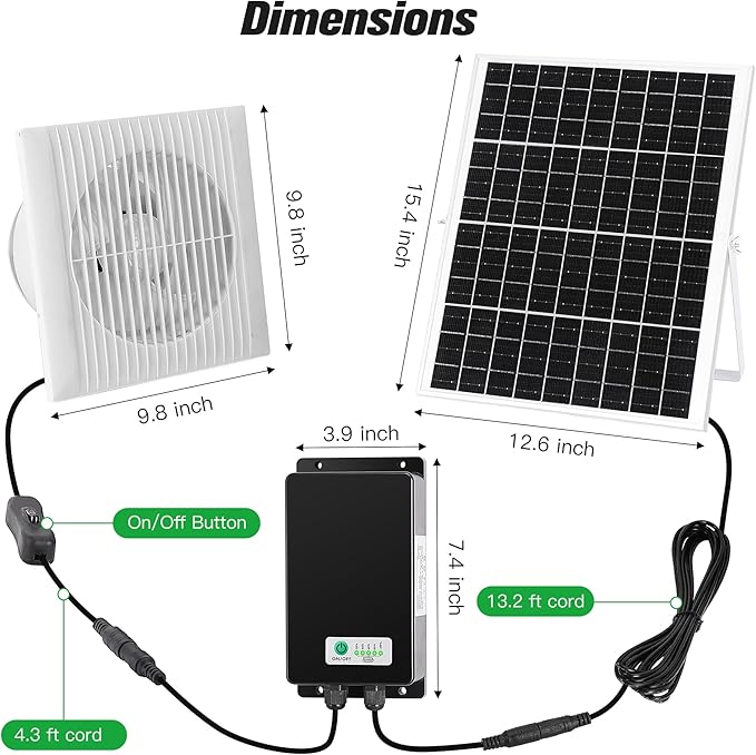 blessny Solar Powered Rechargeable Exhaust Fan, 25W Solar 8" Ventilation Vent Fan with 66.6 Wh Battery Backup for Outside Greenhouse, Chicken Coop, Shed, Pet House