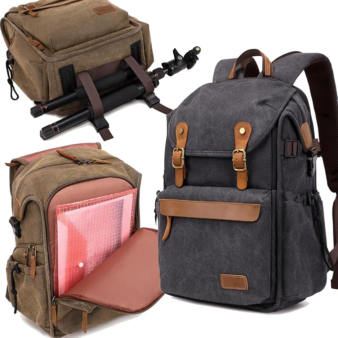 Vintage Canvas Camera Backpack (Charcoal Black) for DSLR/Mirrorless & Drone, Waterproof Photography Bag with 16" Laptop Compartment, Large Capacity Travel Camera Bag for Photographers