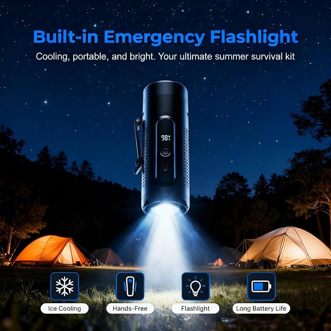 Portable Handheld Fan with Ice Cooling Plate, 3 in 1 Mini Personal Fan with Light & Clip, 5 Speed Rechargeable Fan with LED Display & Hidden Stand, Hands Free Camping Fan for Travel, Desk (Black)
