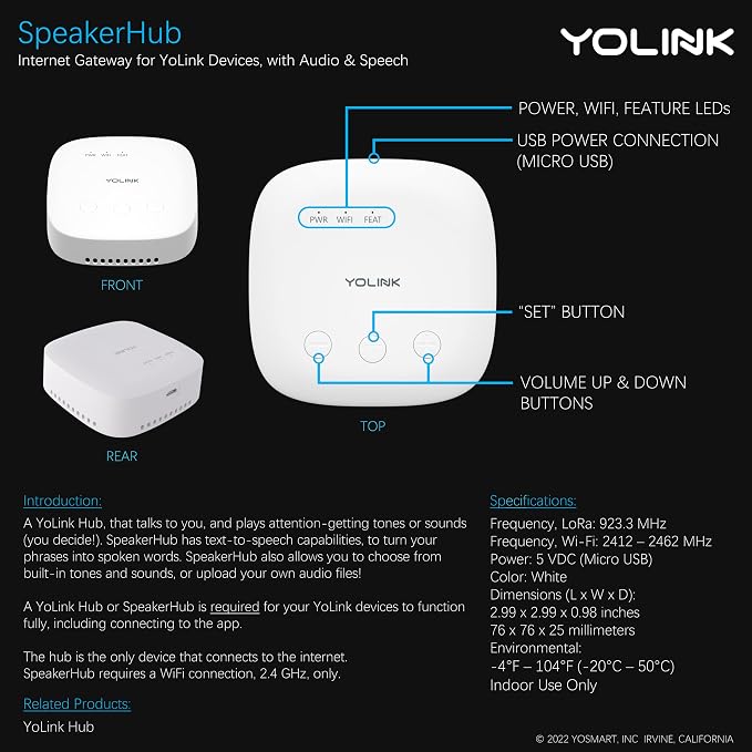 YoLink SpeakerHub - Smart Home Speaker Hub, Plays Tones/Alarms and Your Text-to-Speech Custom Messages, Voice Announcements, Audio Voice Alert, Spoken Alerts, LoRa-Powered ¼ Mile Range, WiFi Required