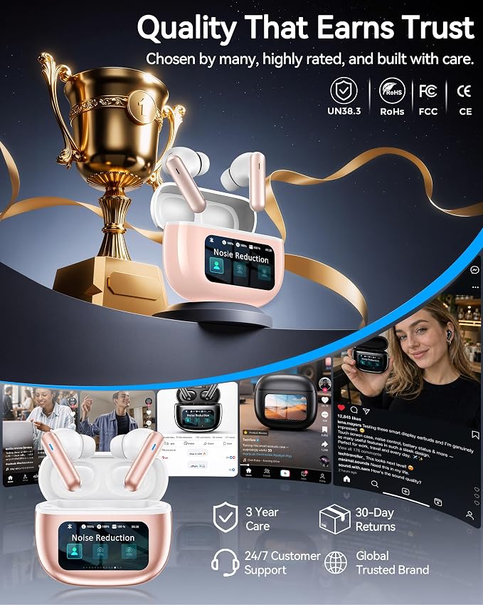 Wireless Earbuds with Smart Touchscreen Case, Bluetooth 6.0 Ear Buds with AI Noise Cancelling Calls, 40H Playtime Stereo Headphones, IPX7 Waterproof Earbuds for Workout, Travel,iPhone,Android,Rose