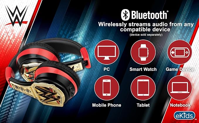 WWE Bluetooth Headphones for Kids, Volume Reduced Wireless Headphones for School Home or Travel (WWE)