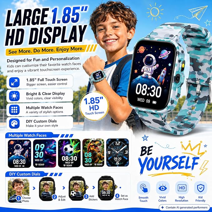 Smart Watch for Kids Boys Age 5-12, Ai Functions Games HD Touch Screen Watches with Video Camera Music Player Pedometer Heart Rate Sleep Tracker Christmas Birthday Gifts for Boys (Camouflage, 1.85")