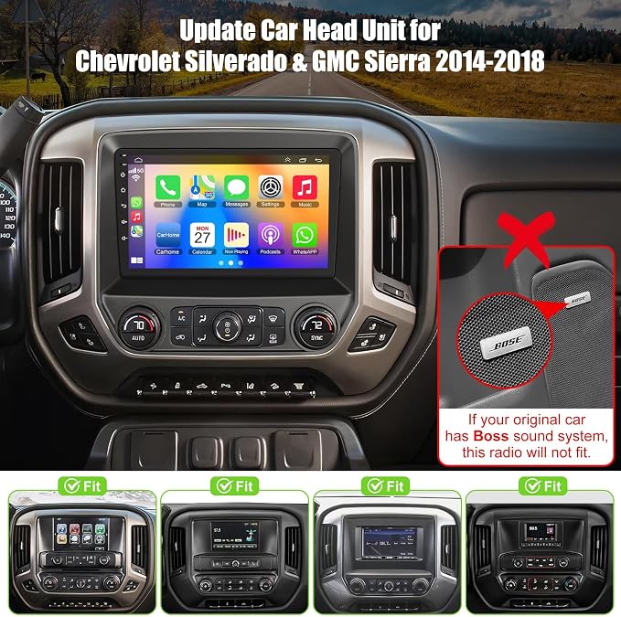 Android 14 4GB+64GB Car Radio Stereo for Chevrolet Silverado & GMC Sierra 2014-2018(Without Bo-se System), Support Wireless Carplay&Android Auto,Bluetooth/FM Radio,Back Up Camera&SWC