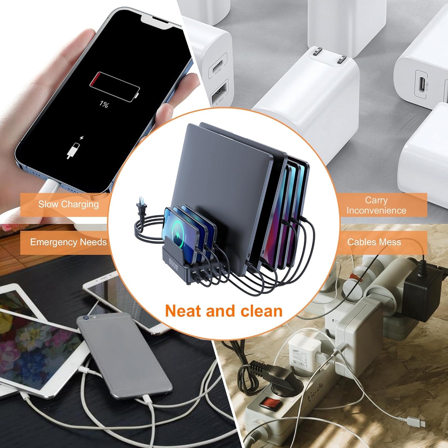 chipofy 500W Charging Station for Multiple Devices, 10-Port Multi USB C Fast Charger Station with Organizer Stand for MacBook Laptop, iPad, iPhone 16 15 Pro Max, Galaxy S25/S24 and More