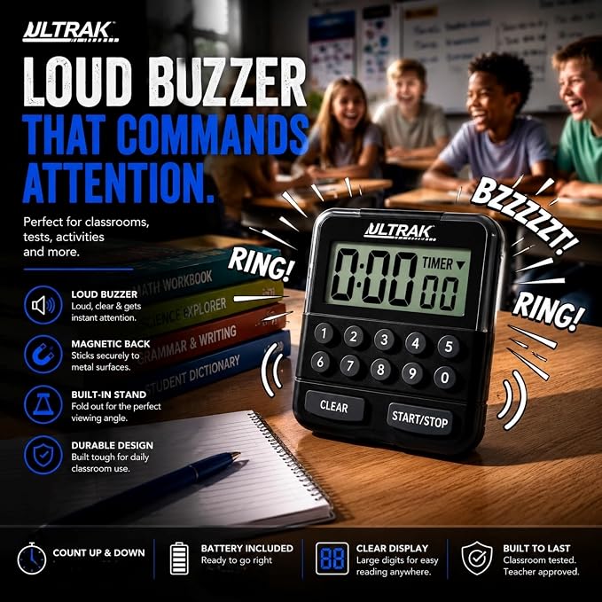 ULTRAK T-3 Digital Countdown Timer with Keypad – Count Up & Count Down Timer, Loud Alarm, Large Display, Magnetic Back, Ideal for Classroom, Fitness, Cooking & Study