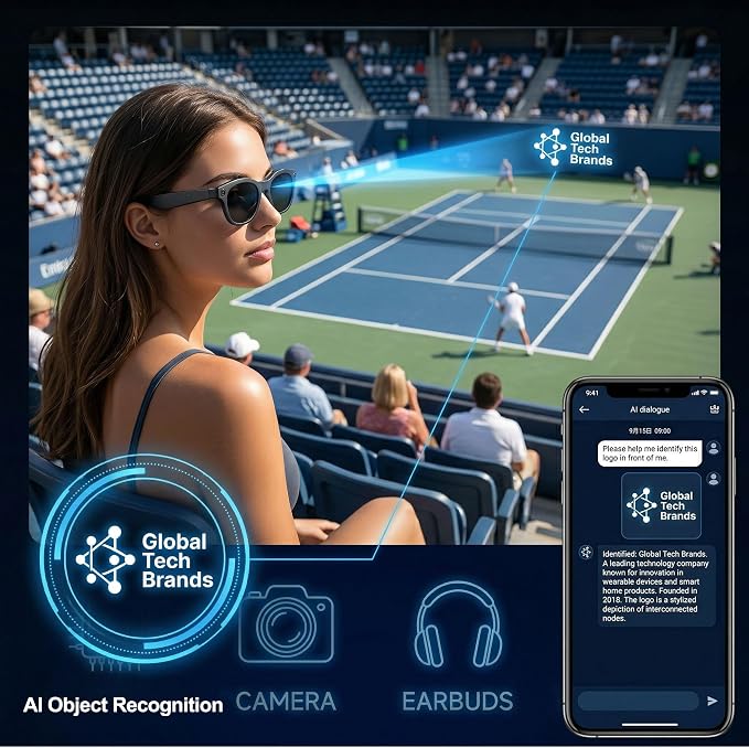 AI Smart Camera Glasses, 1080P HD POV Video Recording and Translator, Object Recognition, Bluetooth Audio for Music Calls, 290mAh Battery, Photochromic Lenses for Vlog, Travel and Work