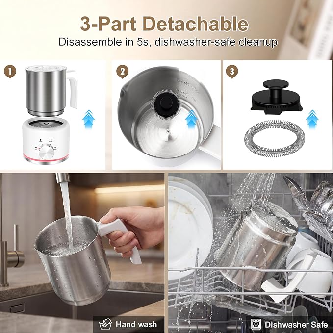 Milk Frother, 16.9 OZ Milk Frother and Steamer, 4 in 1 Electric Milk Frother Dishwasher Safe Durable Silent Frother for Coffee Hot and Cold Foam Maker (White Stainless)