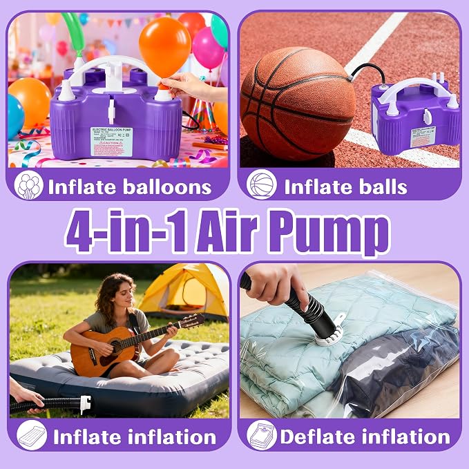 PCFING Balloon Pump Electric, 4-in-1 Air Pump Inflator Blower Machine for All Balloons & Inflation, Triple Inflating Ports for Latex 260q Foil Balloons, Air Mattress, Airbeds, Basketball, Soccer