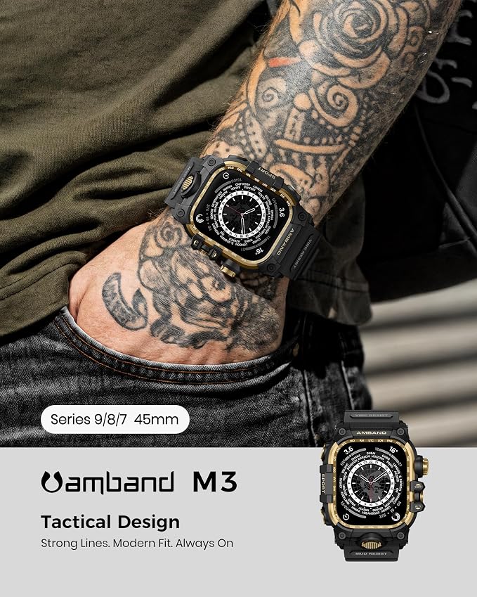 amBand Rugged Case with Band for Apple Watch 45mm, Compatible with Apple Watch (iWatch) Series 9/8/7, Military Grade Shockproof Bumper Cover, Tactical Band for Men, Black Gold