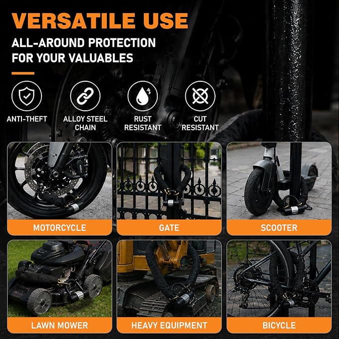 Heavy Duty Motorcycle Chain Lock, 10mm Hardened Steel Anti Theft Bike Lock Chain with U Lock & 4 Keys, 3.2FT Cut Resistant Security Lock for Motorcycle, E-Bike, Scooter, Bicycle, Gate - Gold