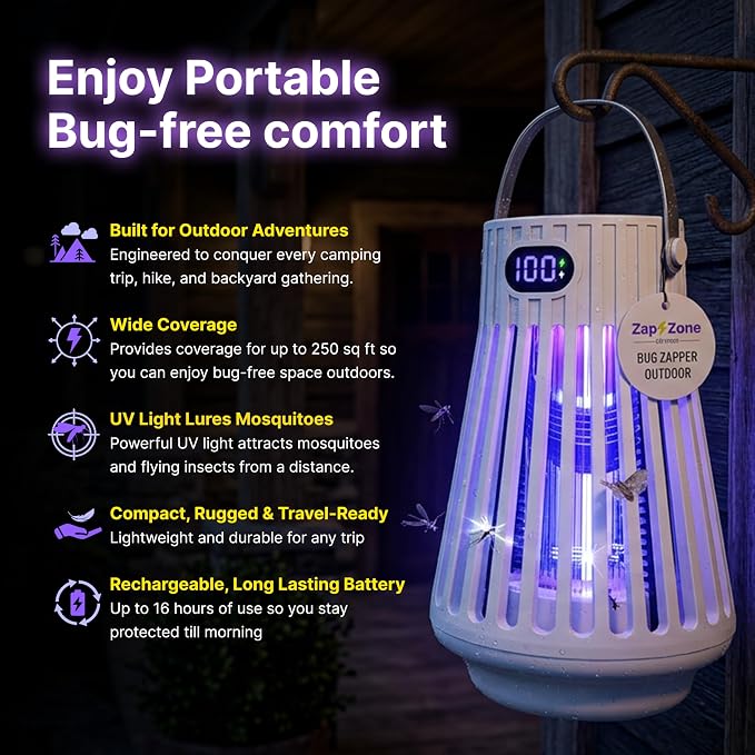 Zap Zone Defender Bug Zapper Outdoor Indoor, Rechargeable Mosquito Zapper with UV Light USB-C Electric Insect Trap Mosquito Repellent Outdoor Patio Camping Traps 3 Modes IPX5 Water Resistant Lantern