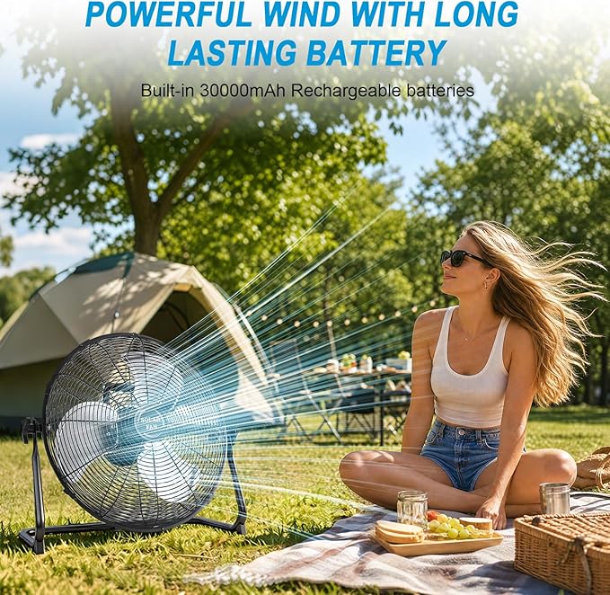 DBF 20" Solar Powered Fan for Outdoor - 30000mAh Rechargeable Floor Fan with 40W Solar Panel, 18 Speed, 12-60H Runtime, Quiet Cordless Fans for Outside Home Patio Camping Gazebo Outage Greenhouse