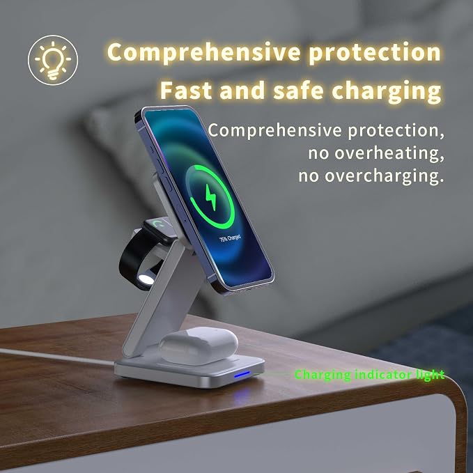 SIMPKEELY 3-in-1 Magnetic Wireless Charging Station, 15W Fast Charger Stand for iPhone/Apple Watch/AirPods, Foldable Design (Gray)
