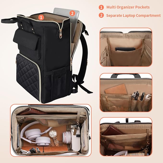 BERTASCHE Lunch Backpack for Women, 17.3 Inch Laptop Backpack with Insulated Cooler Lunch box, Nurse Backpack for Teacher Work Travel College Picnic, Black