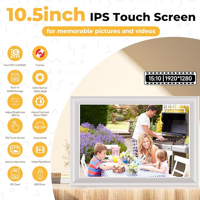 64GB 2K Digital Photo Frame,WiFi6 Digital Picture Frame 100% sRGB 10.5 Inch 1920x1280 FHD IPS Touch Screen,Share Photos & Videos via Frameo App,Extend Storage by SD Card &USB Disk,Clock,Weather,White