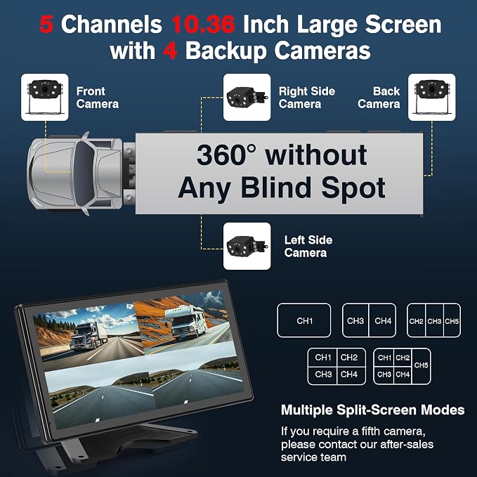4 Channel Backup Camera System for Truck RV, 10.36” Touch Screen Monitor with 4 1080P Camera, Smart BSD Alert, DVR Loop Recording, IP69 Waterproof Night Vision Dash Cam for Trailer Camper, 64GB Card ﻿