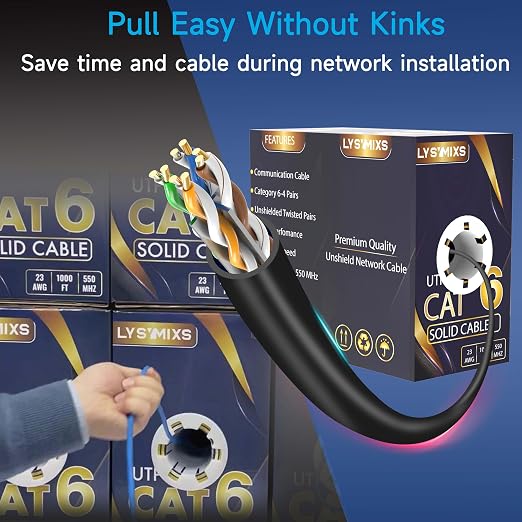 Cat6 Ethernet Cable 1000FT Channel Test Pass, Cat6 1000ft Ethernet Cable 23AWG Solid CCA, Cat6 Cable 550MHZ 10G with Easy Pull Box Black