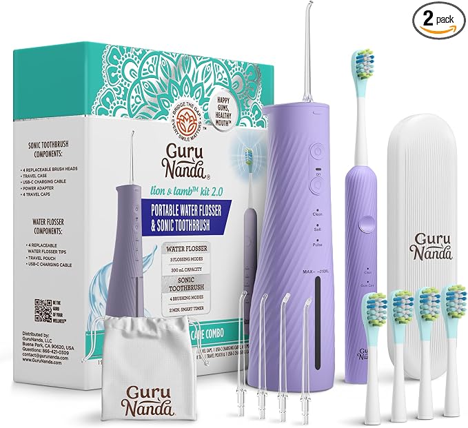 GuruNanda Lion & Lamb Kit 2.0, Electric Toothbrush with Water Flosser Combo, 4 Jet Tips, 4 Brush Heads, & IPX7 Waterproof Design for Complete Oral Care, Lavender