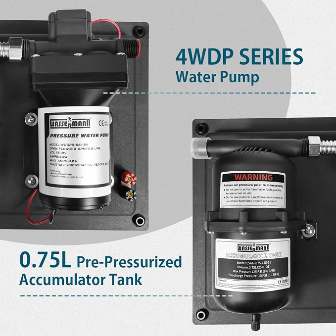 WASSERMANN 12V RV Water Pump and Accumulator Tank System, 3.0GPM 55PSI Self Priming Water Diaphragm Pump with 0.75L 10 PSI Pre-Pressurized Accumulator Tank, Pressure Switch, for Boat Garden RV Camping