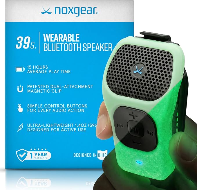 noxgear 39g Wearable Bluetooth Speaker, Magnetic Mini Clip-On EDC Gear, Waterproof Up to 15 Hours Playtime | Clip On Speaker, Wearable Speaker with Microphone, 100ft Range (Color: Glow)