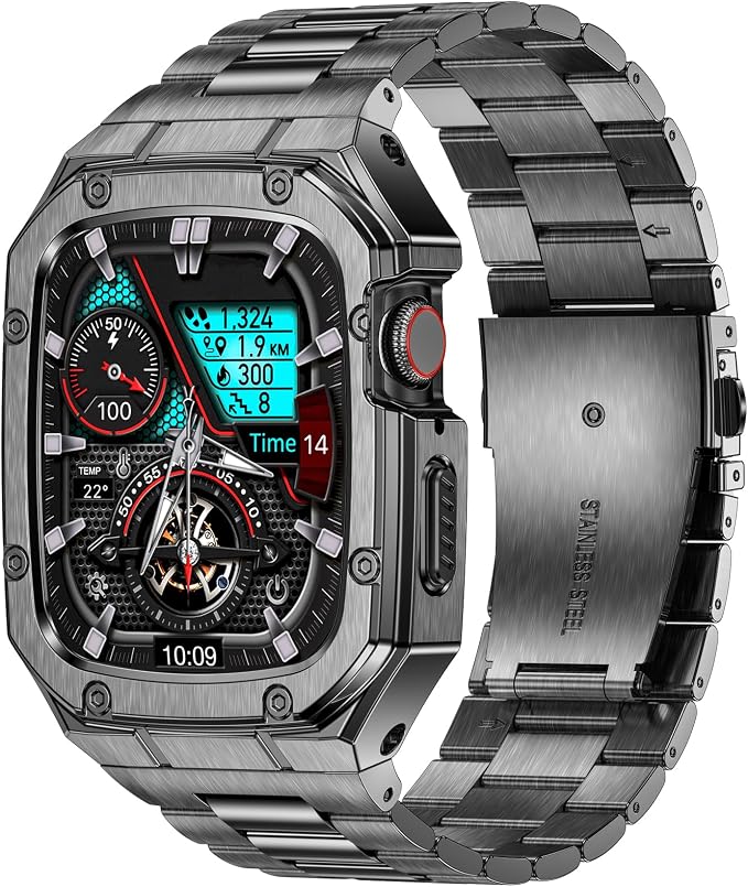 BAITEYOU Stainless Steel Band with Case Compatible with Apple Watch Series SE 3 2 1/6 5 4 (40mm) Series 9 8 7 3 2 1 (41mm 38mm), Metal Protective Bumper Cover for iWatch Bands Men (Grey)