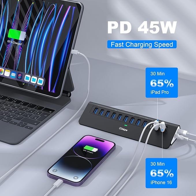 Powered USB Hub 10Gbps, intpw YH9AC 12-Port USB C Hub with 10Gbps USB C 3.2, 2 USB A 3.2, 7 USB 3.0, 2 PD 45W Charging Port, 65W Power Adapter + 3.3FT Cable, Aluminum USB Hub for Laptop/iPhone16/15/PC