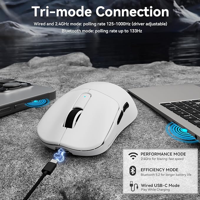 MAMBASNAKE M3 Wireless Gaming Mouse, 40K DPI, 39g Lightweight Gaming Mouse,PAW3395PRO Optical Sensor,Tri-Mode BT5.1/2.4G/USB-C PC Game Mice,Programmable Buttons,300mAh Battery for PC/Laptop/Mac(White)