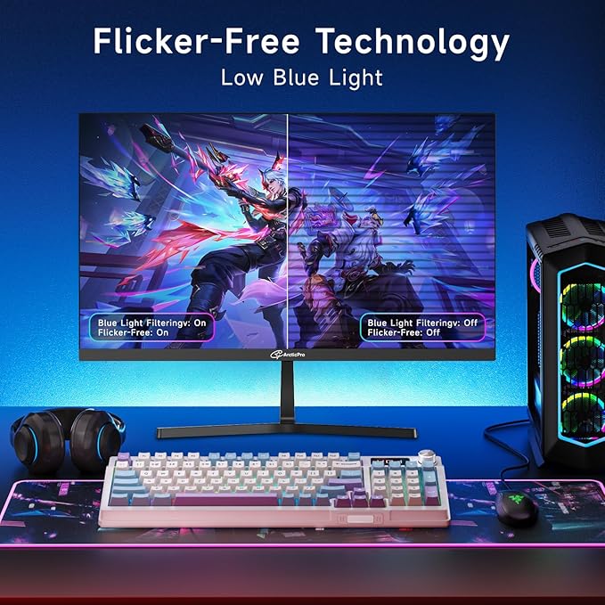 ArcticPro Monitor 24 inch Monitor 120Hz, FHD 1080p, Computer Monitor, IPS, 99% sRGB, 1ms Response Time, 3-Sided Frameless, Ultra Slim, VESA Mountable, Anti-Blue Light Design, HDMI & VGA Ports