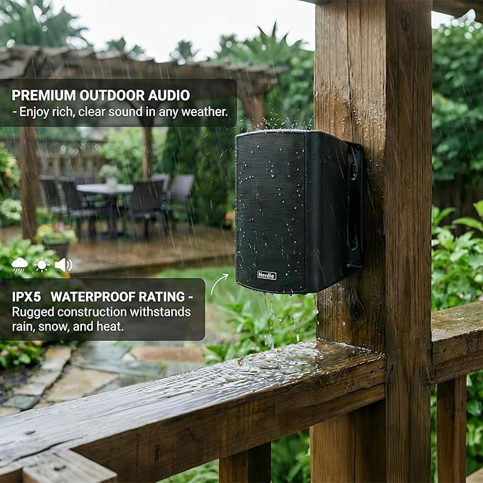 Herdio 4" 200W Outdoor Bluetooth Speakers, IPX5 Waterproof Rating and Be Able to Wireless Multi-Connection Up to 20 Units for Patio/Porch/Balcony (Black, 2-Pack)