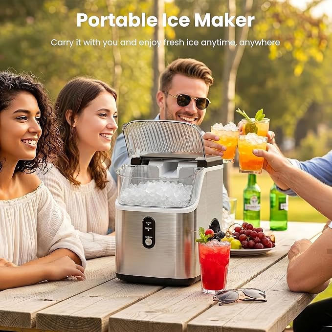 Antarctic Star Nugget Ice Makers Countertop with Handle, 35lbs/Day, Portable Sonic Ice Machine with Auto-Cleaning, Basket and Scoop for Home/Kitchen/Office/Camping(Stainless Steel Silver)