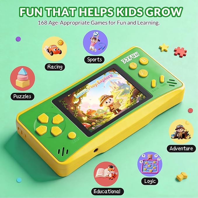 Handheld Game for Kids,Preloaded 168 Retro Video Games, Portable Gaming Player with 3.2" HD Screen, Mini Arcade Electronic Toy with Rechargeable Battery,Travel Toy Gifts for Boys Girls(Green)