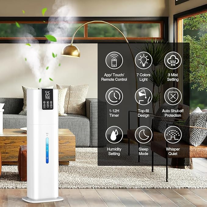 Smart Humidifiers Large Room Bedroom Home,2.11Gal(8L) Quiet Top Fill Cool Mist Humidifier,Smart App & Remote Control, 3 Speed Humidifier with 360°Nozzle,Humidity Setting for Baby Office Plant(White)