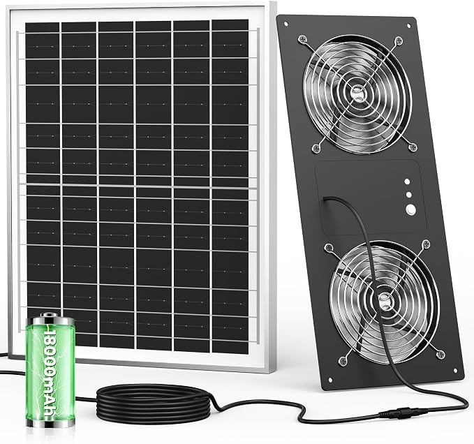 40W Solar Powered Fan for Chicken Coop with 15000mAh Battery & Timer | 5" Double-Head Solar Exhaust Fan, Usable At Night, Quiet Waterproof High Airflow, for Outdoor,Greenhouse,Sheds,Pet Houses