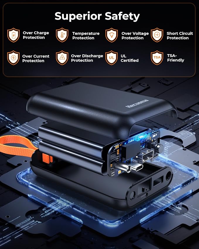 7.4V 5V 20,000mAh Heated Vest Battery Pack, Battery Pack for Heated Vest Compatible with ORORO, for TODWARM, for XINSONYUELL, for Weamest, Power Bank with Built-in USB-C Cable (No for Venustas)