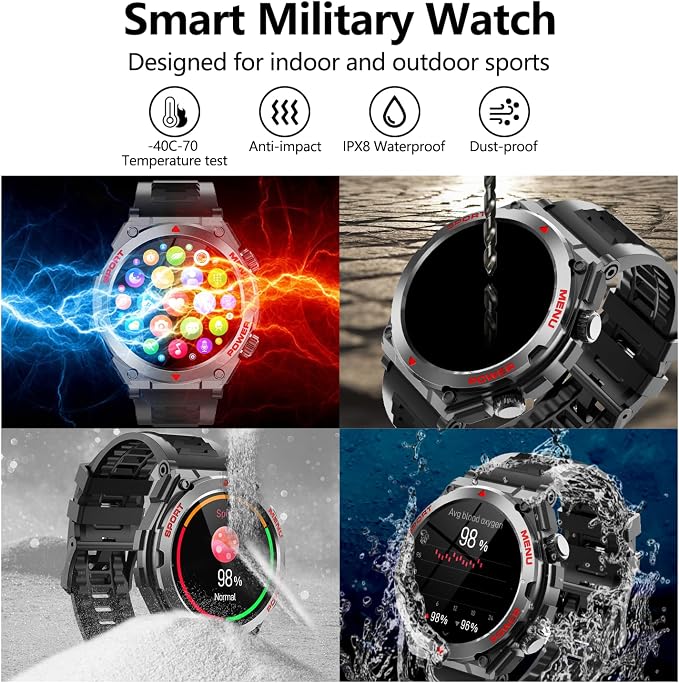 Military Smart Watch,1.52-Inch Smartwatch with Text and Call,24/7Heart Rate Sleep Monitor,Blood Oxygen,and Activity Trackers-Compatible with iPhone and Android,for Men and Women (Black up, 1.52)