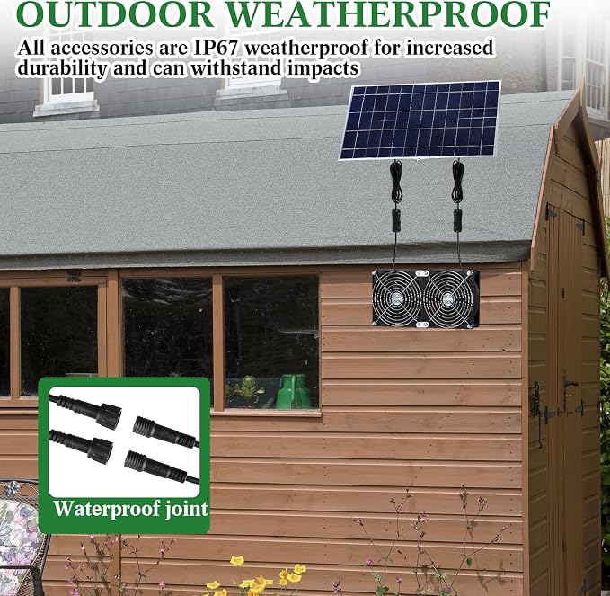 Glooglitter 2 Set 20w Solar Powered Fan Kit for Chicken Coop IP67 Waterproof Dual Solar Greenhouse Fan 3500 RPM High Speed Exhaust Fan with 10ft Cable for Shed Pet House Window Outside Inside